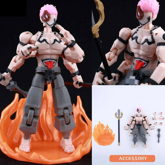 Figura articulada sobre peana de llamas naranjas, pelo rosa, atuendo blanco y gris, accesorios.
