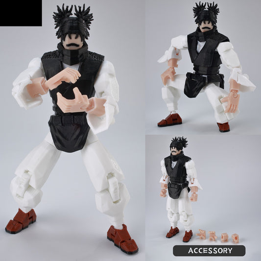 Figura articulada Choso con atuendo blanco y negro, botas marrones, con accesorios separados.