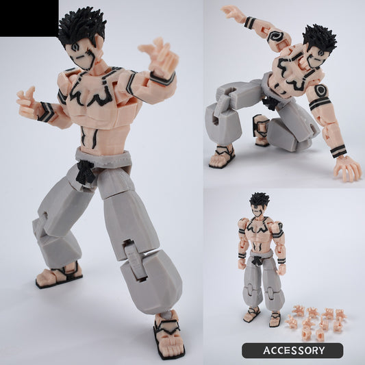 Figura articulada Jujutsu Kaisen, torso marcado en blanco y gris, con accesorios en miniatura.