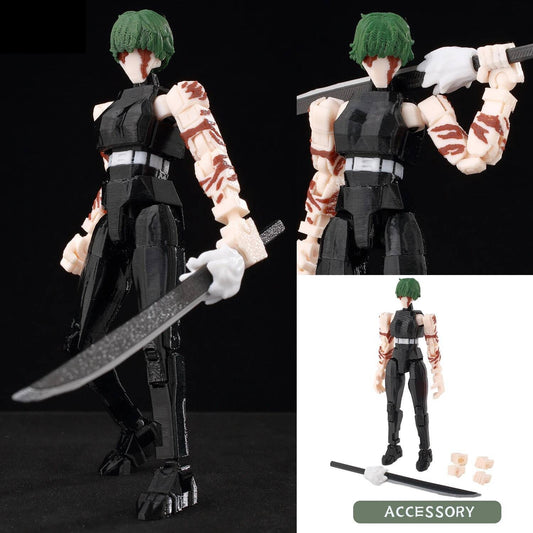 Figura articulada con atuendo negro, pelo verde, con accesorios y sable.