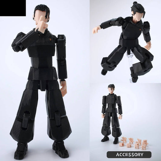 Figura articulada negra, personaje con atuendo oscuro, brazos y piernas articulados