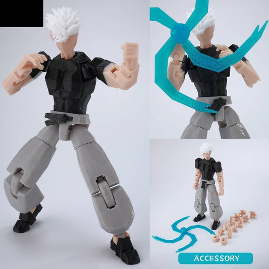 Figura articulada Gojo, atuendo negro y gris, zapatos negros, manos levantadas, efecto azul