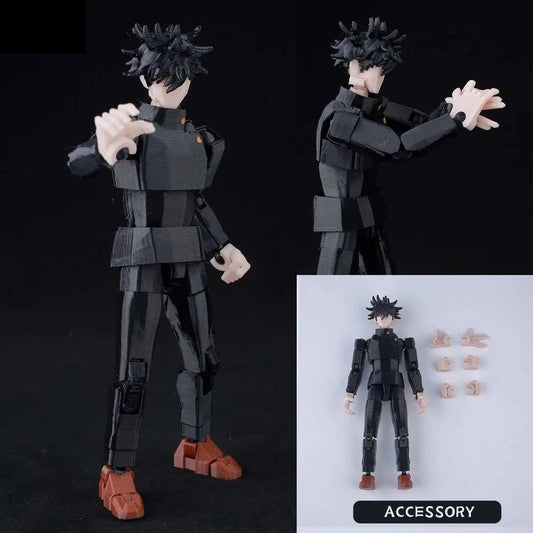Figura articulada con atuendo negro/gris, pelo negro, botas naranjas, pose de pie.