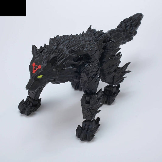 Figura articulada de perro negro, detalles de garras y ojos rojo/verde