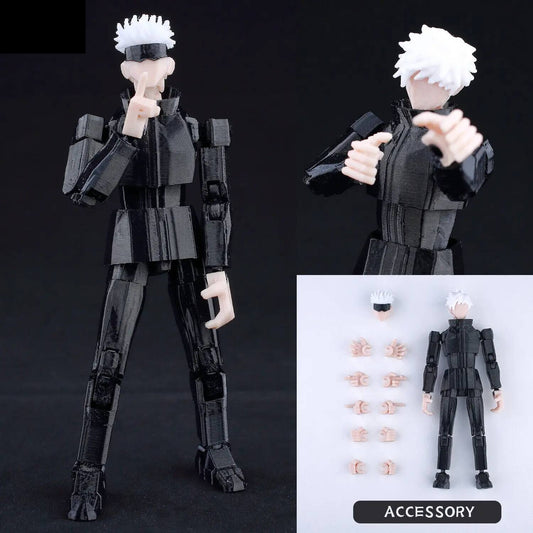 Figura articulada con atuendo negro, pelo blanco, accesorios de pose visibles