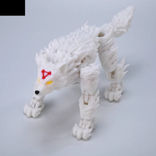 Figura de perro divino blanco articulado, cuerpo con patas detalladas y marca roja en la cabeza