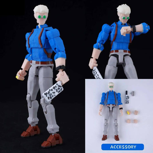 Figura articulada Nanami Kento, chaqueta azul, pantalón gris, accesorios y base de objetos